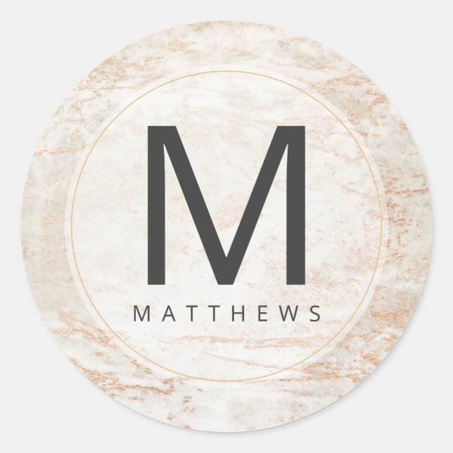 Modern Marbles in Beige & Copper Monogram Wedding Classic Round Sticker (Front)