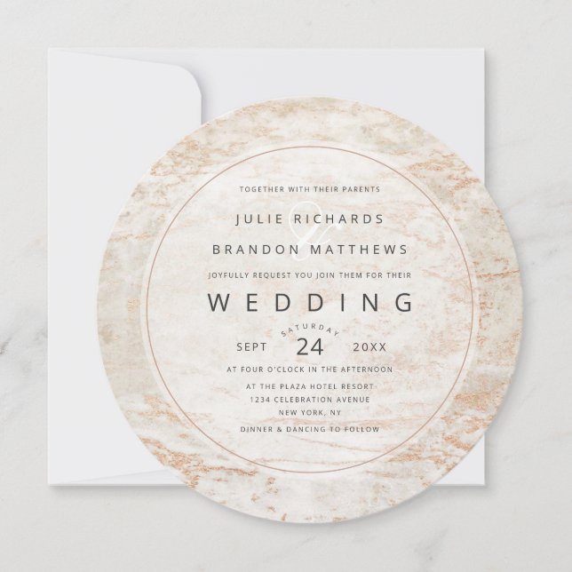 Modern Marbles in Beige with Copper Circle Wedding Invitation (Front)