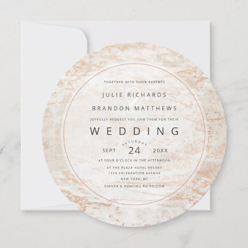 Modern Marbles in Beige with Copper Circle Wedding Invitation