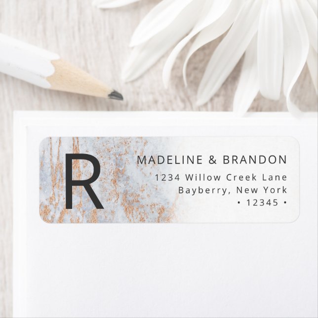 Modern Marbles in Blue with Copper Return Address Label (Insitu)