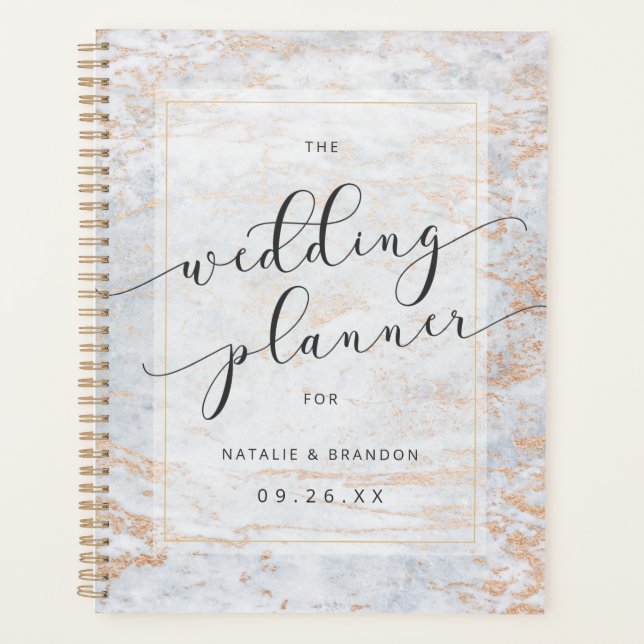 Modern Marbles in Blue with Copper Wedding Plans Planner (Front)
