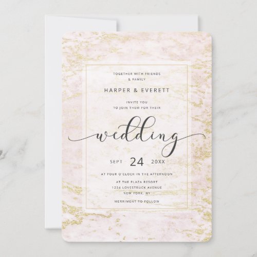 Modern Marbles in Blush with Gold Foil Wedding Invitation