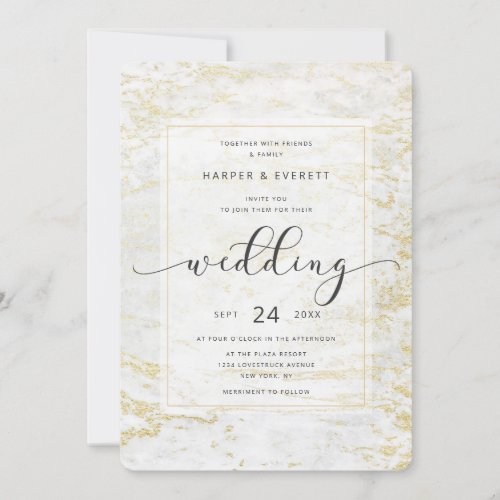 Modern Marbles in Classic White with Gold Wedding Invitation