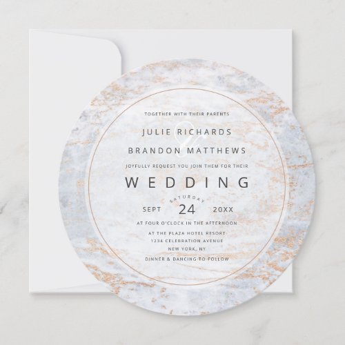 Modern Marbles in Dusty Blue Copper Circle Wedding Invitation