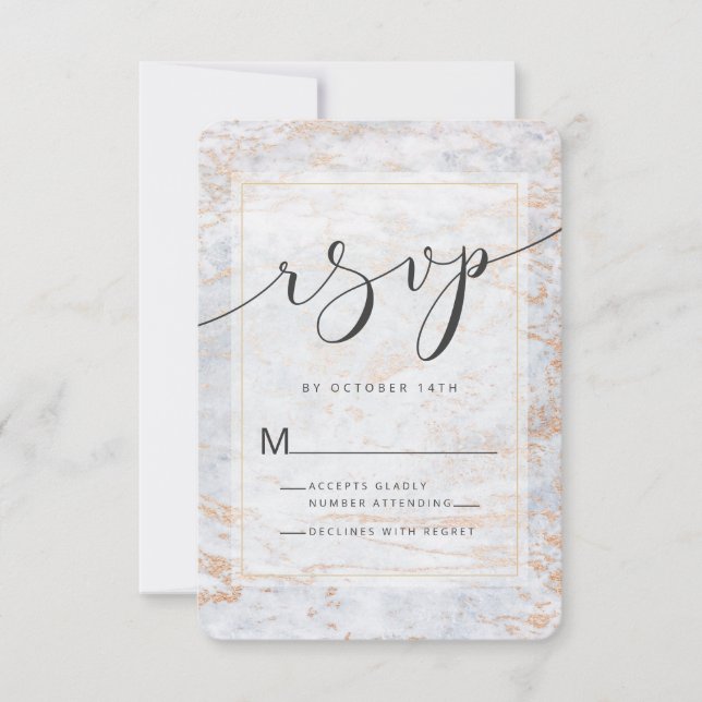 Modern Marbles in Dusty Blue Copper Foil Edges RSVP Card (Front)