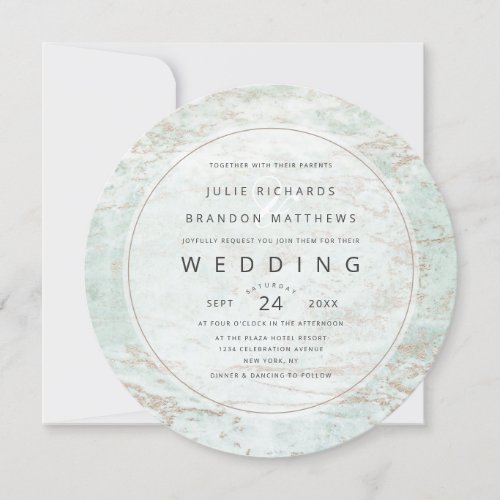 Modern Marbles in Mint Rose Gold Circle Wedding Invitation