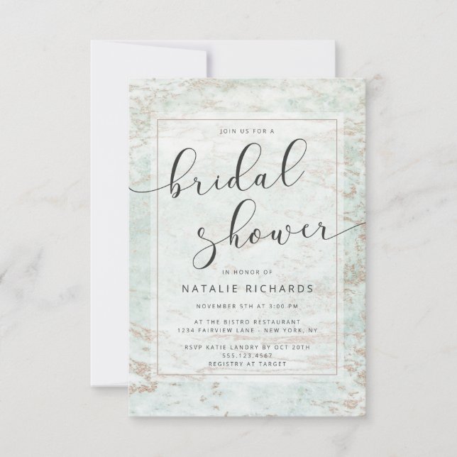 Modern Marbles in Mint with Copper Bridal Shower Invitation (Front)