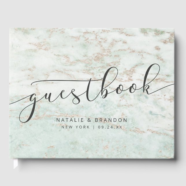 Modern Marbles in Mint with Rose Gold Wedding Guest Book (Front)