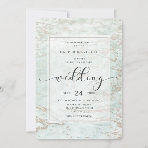 Modern Marbles in Mint with Rose Gold Wedding Invitation