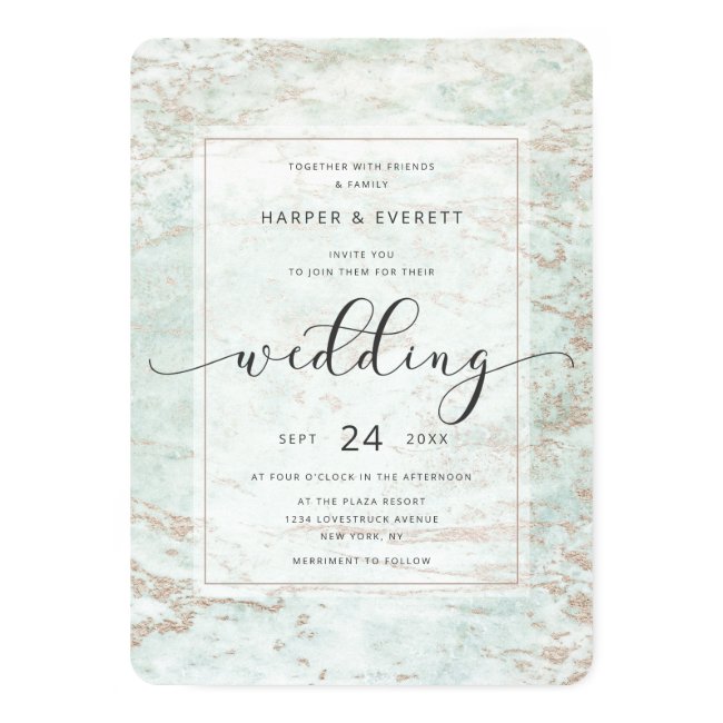 Modern Marbles in Mint with Rose Gold Wedding Invitation