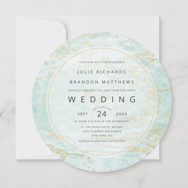 Modern Marbles in Ocean with Gold Circle Wedding Invitation (Front)