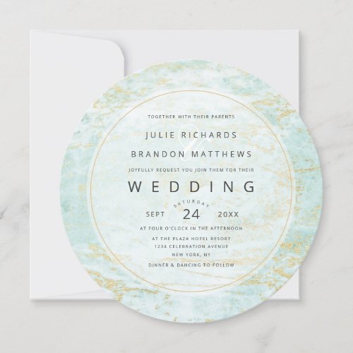 Modern Marbles in Ocean with Gold Circle Wedding Invitation