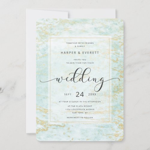 Modern Marbles in Ocean with Gold Foil Wedding Invitation