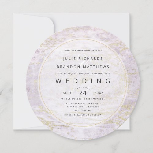 Modern Marbles in Violet with Gold Circle Wedding Invitation