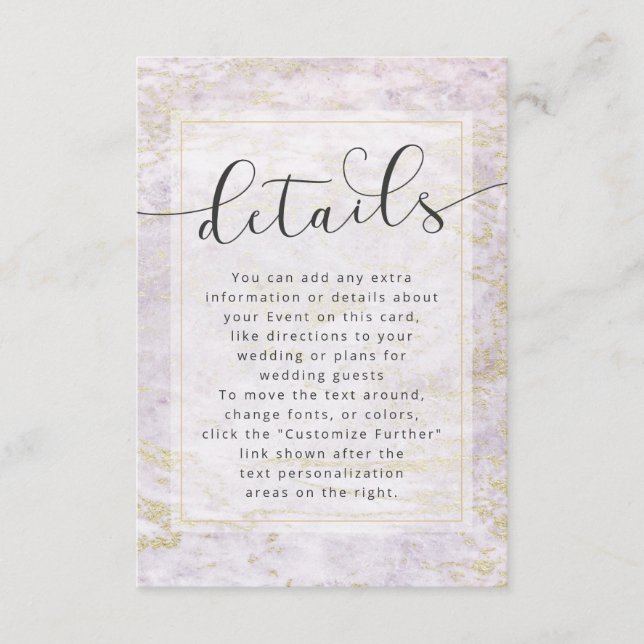 Modern Marbles in Violet with Gold Wedding Details Enclosure Card (Front)