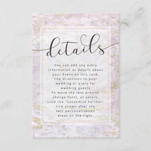 Modern Marbles in Violet with Gold Wedding Details Enclosure Card