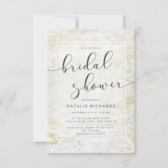 Modern Marbles in White with Gold Bridal Shower Invitation (Front)