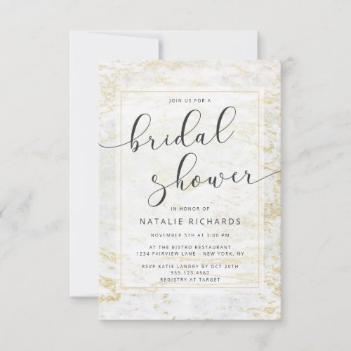 Modern Marbles in White with Gold Bridal Shower Invitation