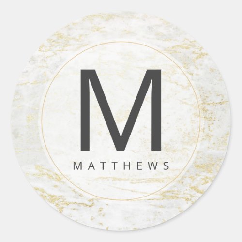 Modern Marbles in White with Gold Monogram Wedding Classic Round Sticker