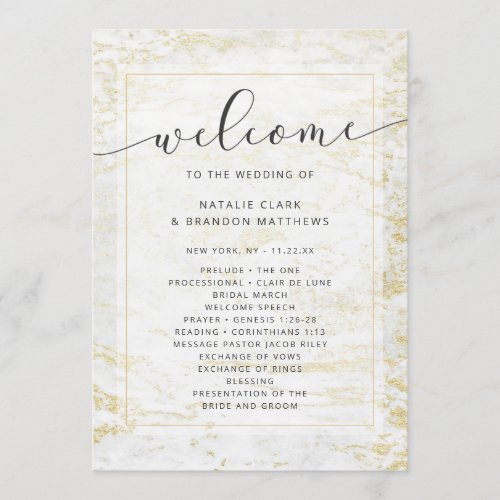 Modern Marbles in White with Gold Wedding Ceremony Program