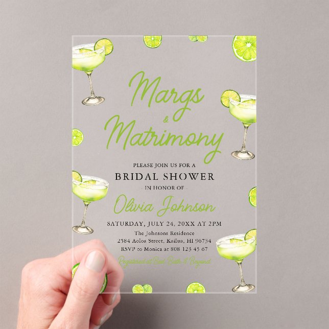 Modern Margs & Matrimony Cocktail Bridal Shower Acrylic Invitations (Insitu (Handheld))