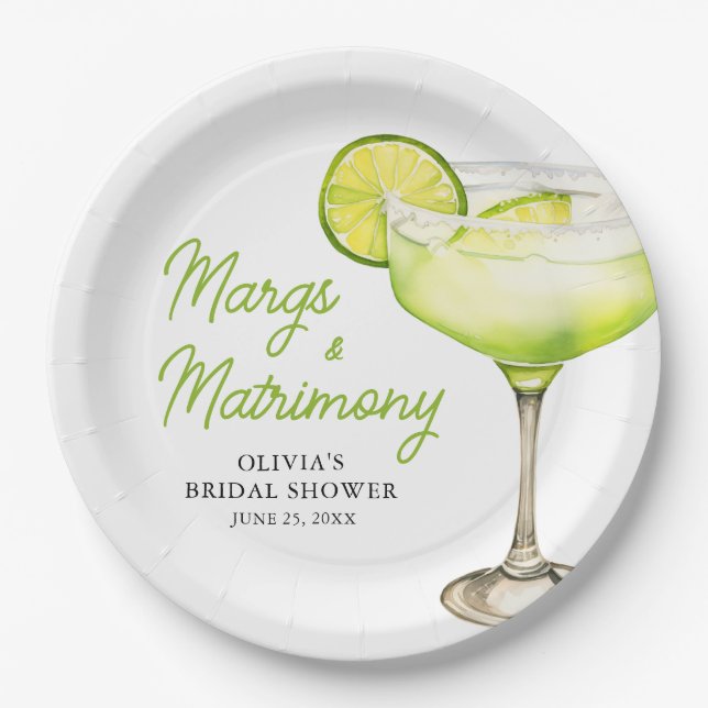 Modern Margs & Matrimony Cocktail Bridal Shower Paper Plates (Front)