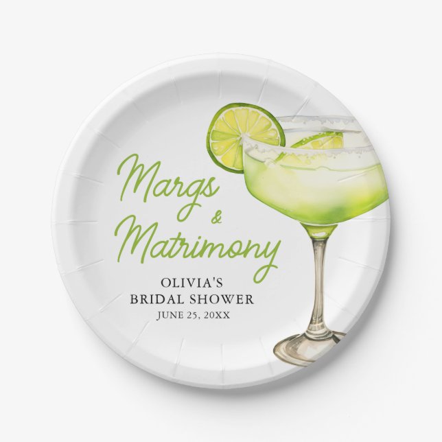 Modern Margs & Matrimony Cocktail Bridal Shower Paper Plates (Front)