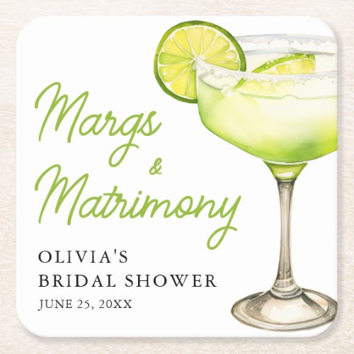 Modern Margs  Matrimony Cocktail Bridal Shower Square Paper Coaster