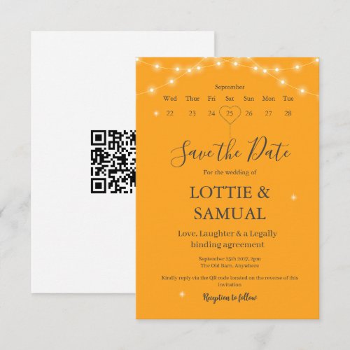 Modern Marigold fairy lights with QR code Save The Date