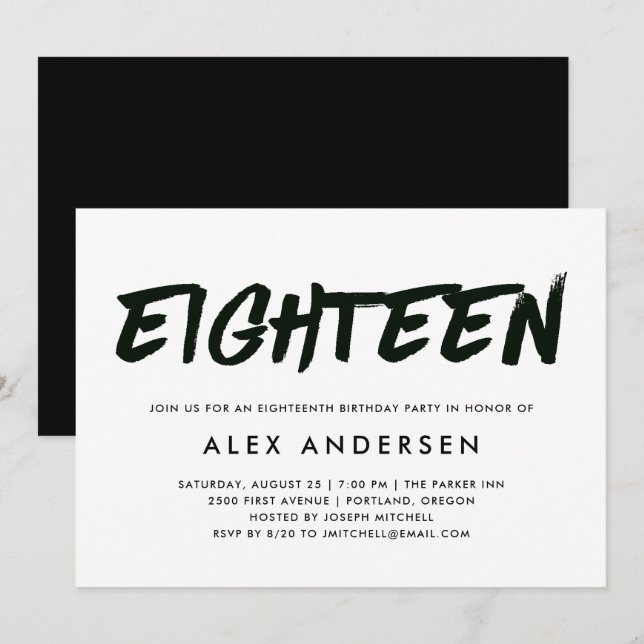 Modern Marker Black and White Eighteenth Birthday Invitation (Front/Back)