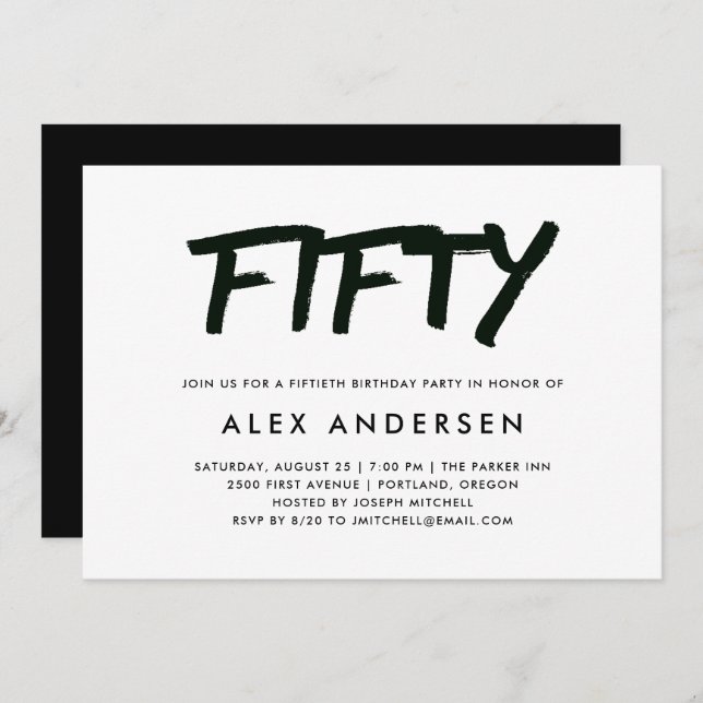 Modern Marker | Black and White Fiftieth Birthday Invitation (Front/Back)