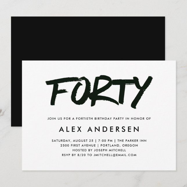 Modern Marker | Black and White Fortieth Birthday Invitation (Front/Back)