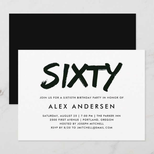 Modern Marker | Black and White Sixtieth Birthday Invitation (Front/Back)