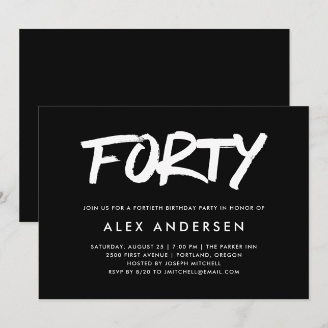Modern Marker | Black Fortieth Birthday Invitation (Front/Back)