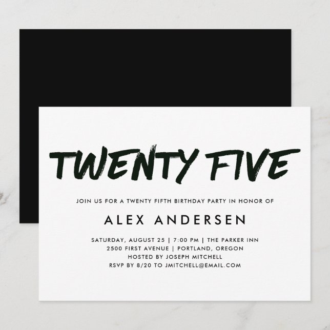 Modern Marker | Black Twenty Fifth Birthday Invitation (Front/Back)