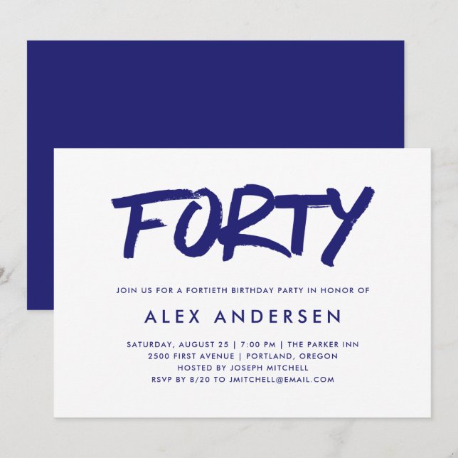 Modern Marker | Navy Blue Fortieth Birthday Invitation (Front/Back)