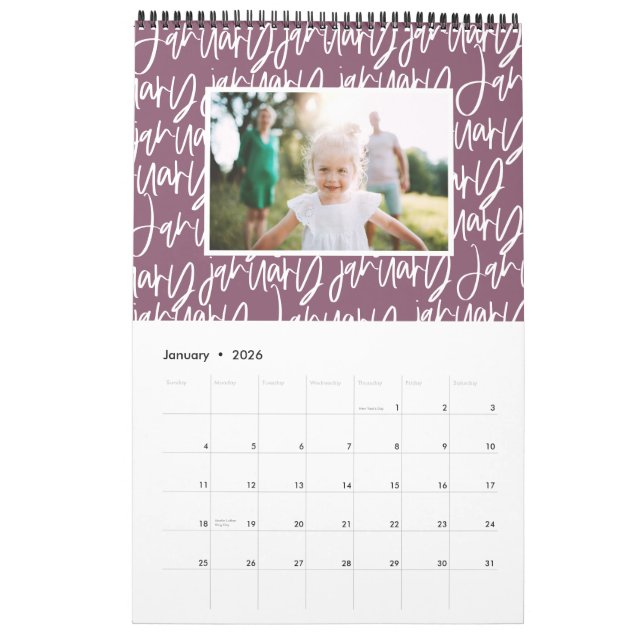 Modern marker pen photo script calendar (Jan 2026)