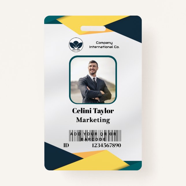 Modern Marketing Portrait ID Card (Green & Yellow) Badge (Front)
