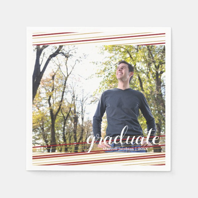 Modern Maroo & Gold Stripes Graduate Party Napkins (Front)