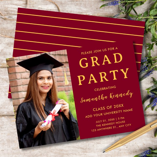 Modern Maroon And Gold Photo Graduation 2026 Party Invitation (Creator Uploaded)