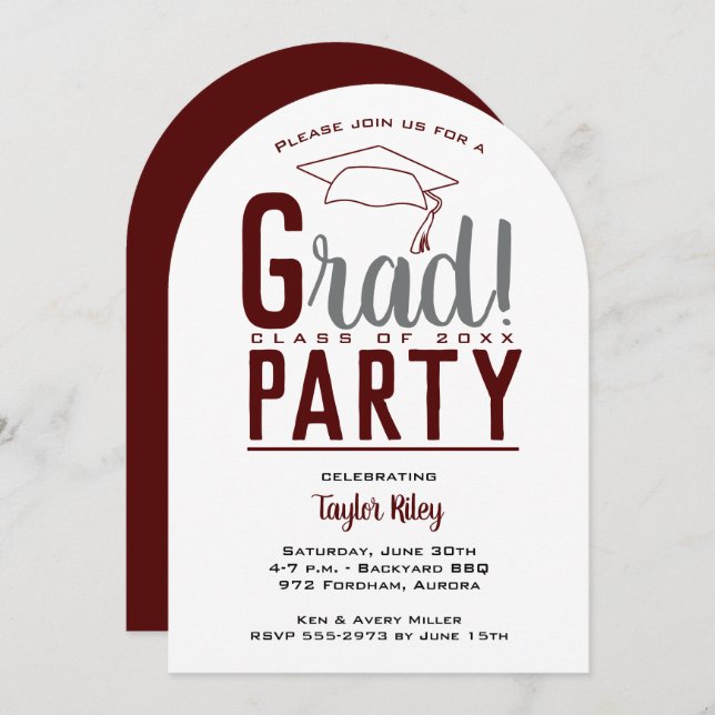 Modern Maroon and Gray Graduation Party Arch Invitation (Front/Back)