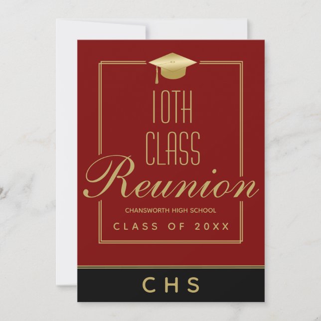 Modern Maroon Black Gold Script 10th Class Reunion Invitation (Front)