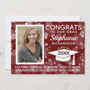 Modern Maroon Bokeh Bubbles Photo Graduation Invitation