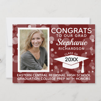 Modern Maroon Bokeh Bubbles Photo Graduation Invitation