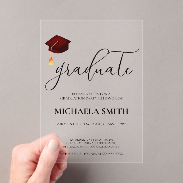 Modern Maroon Cap High School Graduation Party Acrylic Invitations (Insitu (Handheld))