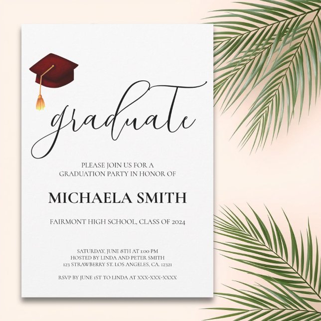 Modern Maroon Cap High School Graduation Party  Invitation (Creator Uploaded)