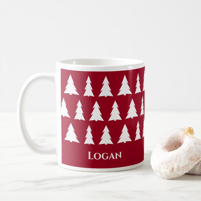 Modern Maroon Christmas Tree Pattern with Name Coffee Mug (With Donut)