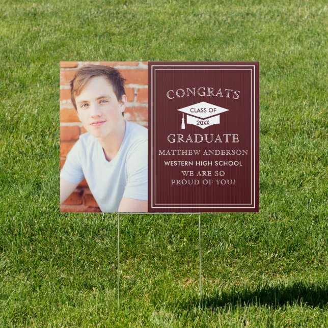 Modern Maroon Congrats Graduation Photo Yard Sign (Insitu)