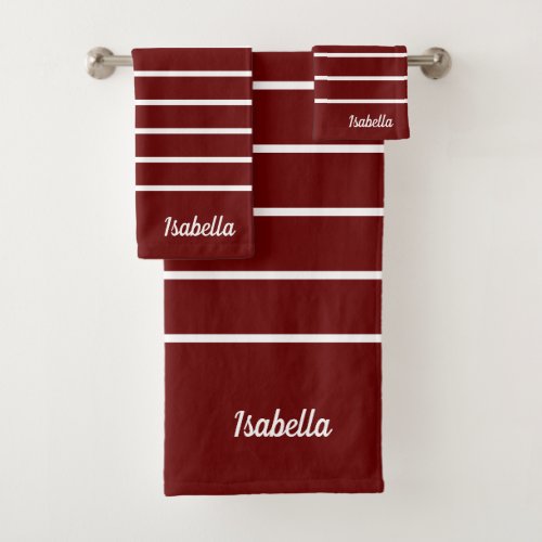 Modern Maroon Deep Red Name Script Stripes Bath Towel Set