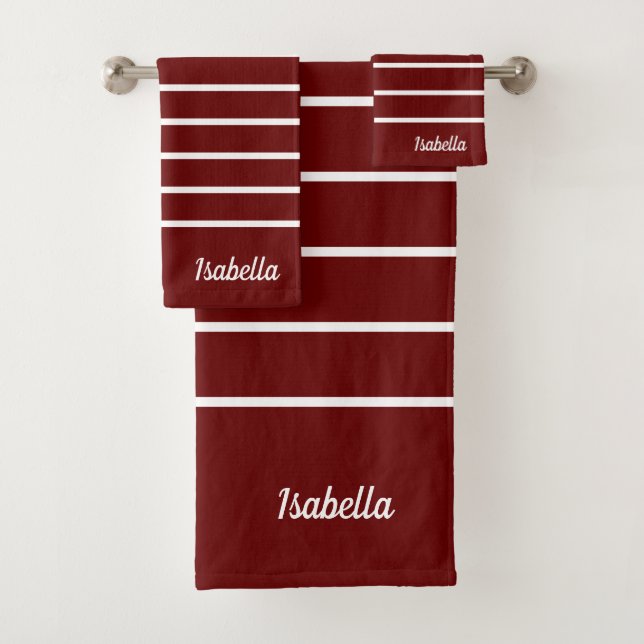 Modern Maroon Deep Red Name Script Stripes Bath Towel Set (Insitu)